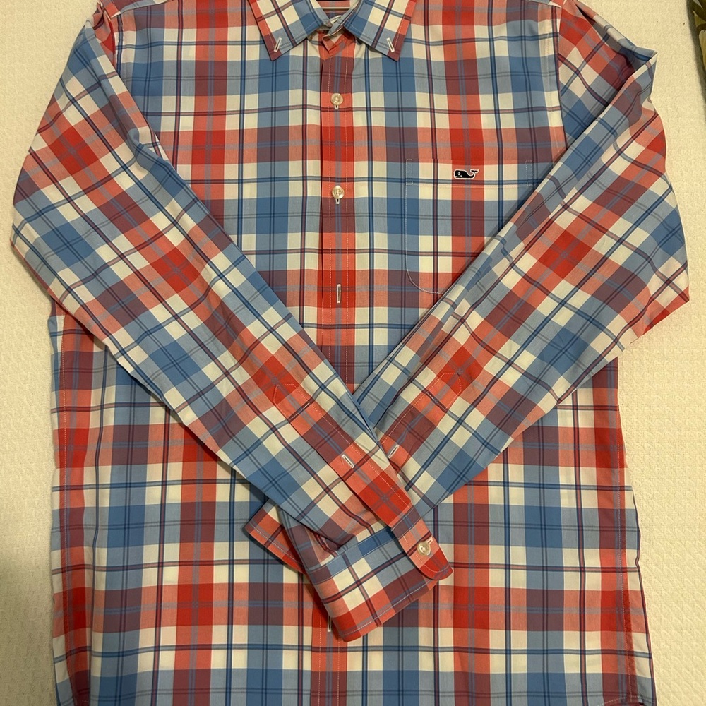 Vineyard Vines Red/Pink, White, and Blue Plaid Slim Fit Tucker Shirt Size M